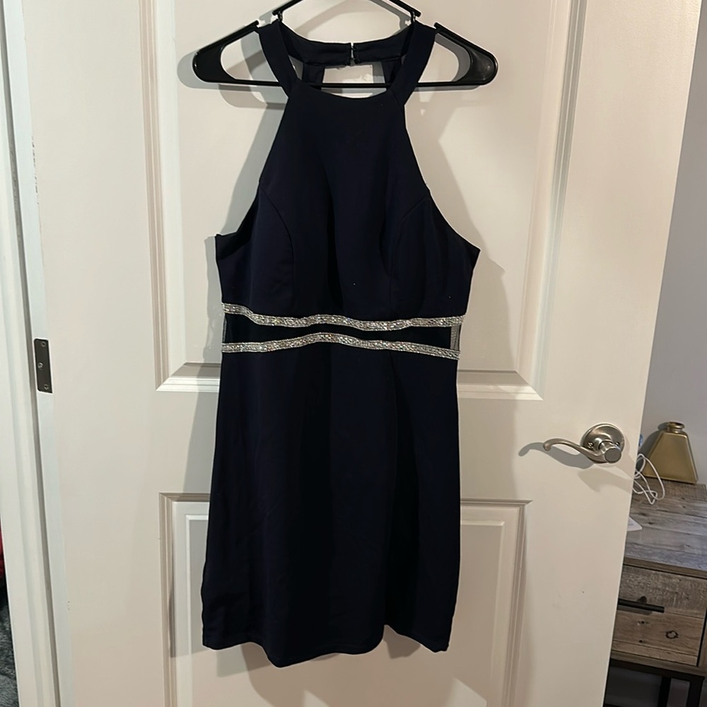 Navy Blue Dress with Rhinestone and See Through Material